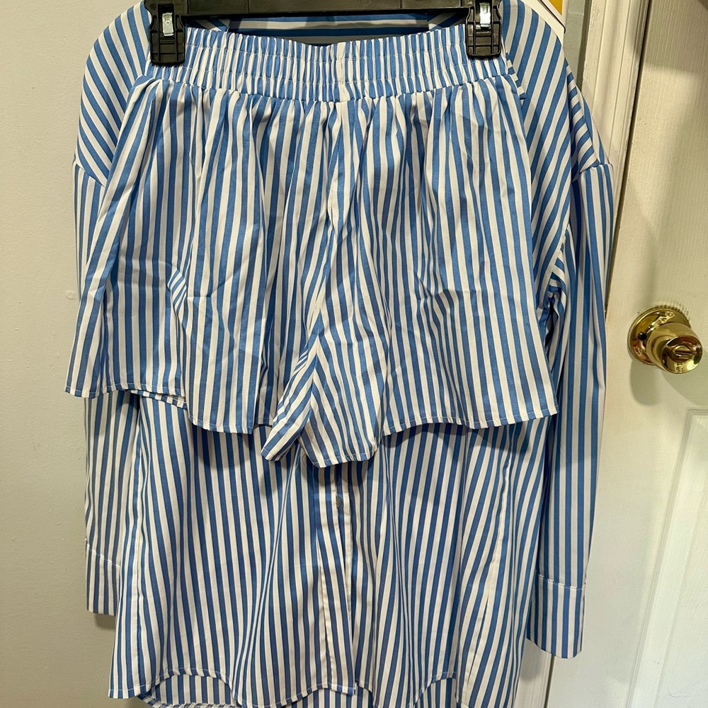 Blue and White Striped Womens set shorts and top